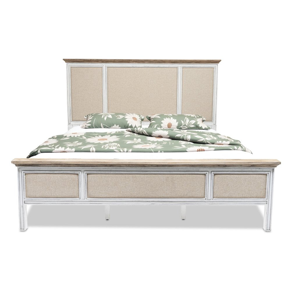 White and Beige Shiplap Texture Distressed Solid Wood And Linen King Bed Frame