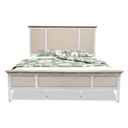 White and Beige Shiplap Texture Distressed Solid Wood And Linen King Bed Frame