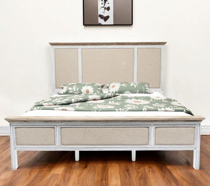 White and Beige Shiplap Texture Distressed Solid Wood And Linen King Bed Frame