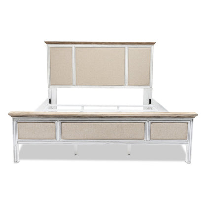 White and Beige Shiplap Texture Distressed Solid Wood And Linen King Bed Frame
