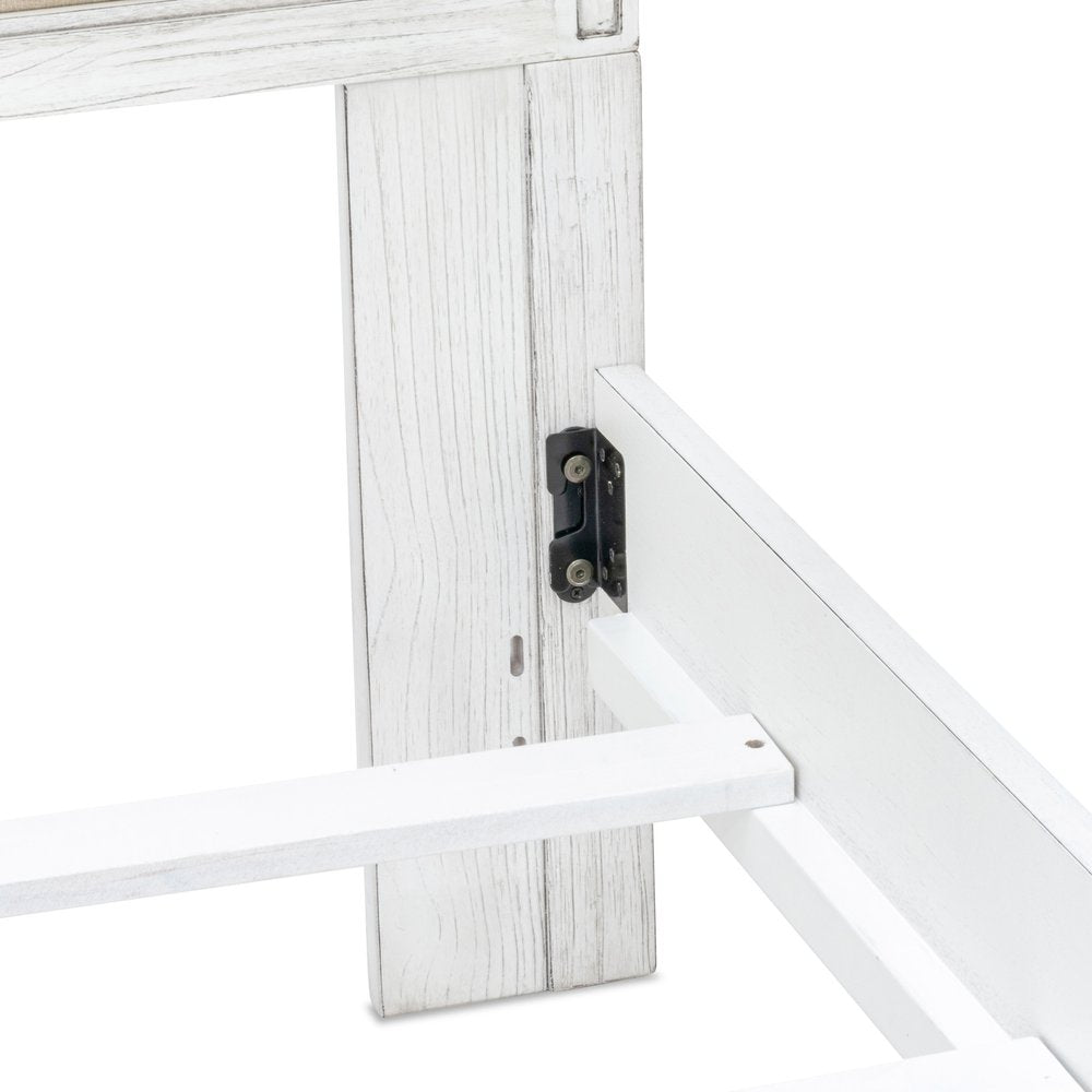 White and Beige Shiplap Texture Distressed Solid Wood And Linen King Bed Frame