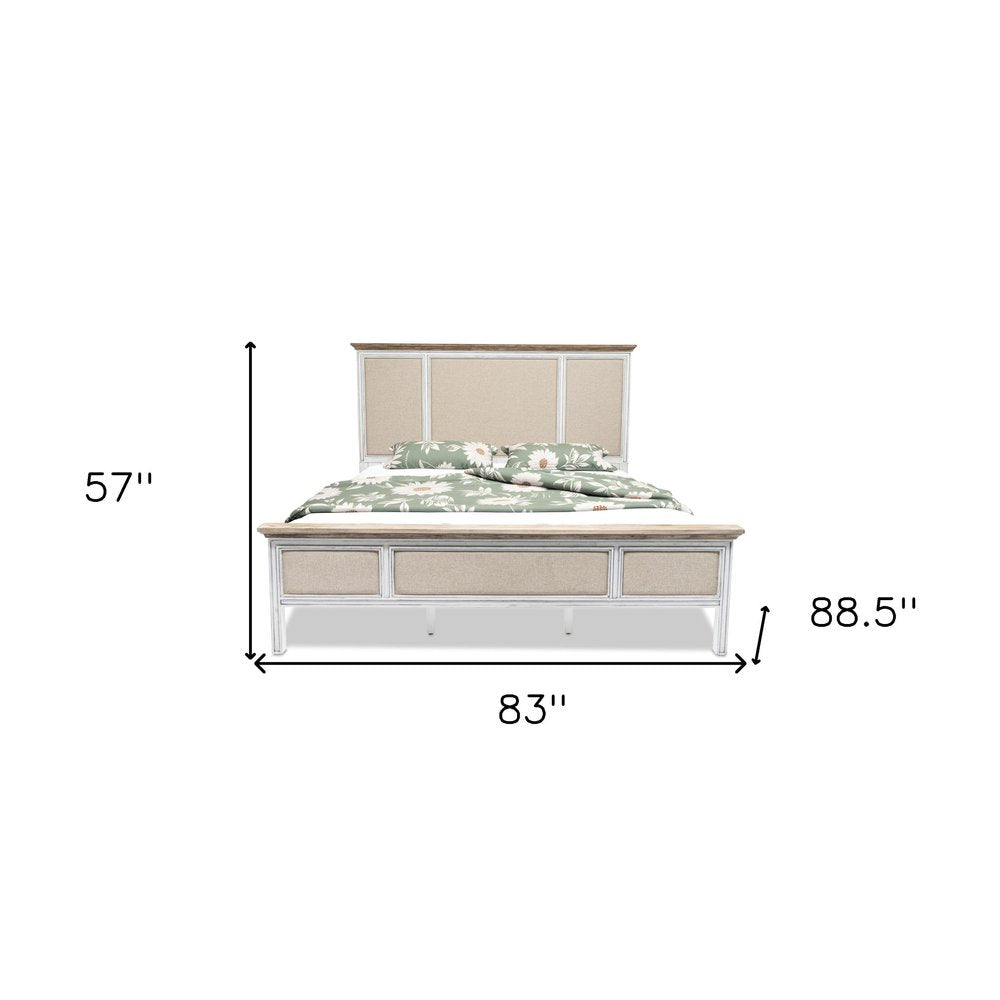 White and Beige Shiplap Texture Distressed Solid Wood And Linen King Bed Frame