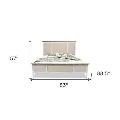 White and Beige Shiplap Texture Distressed Solid Wood And Linen King Bed Frame