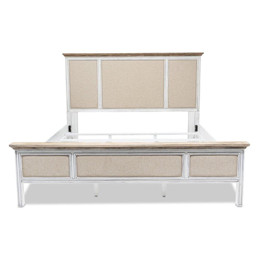 White and Beige Shiplap Texture Distressed Solid Wood And Linen King Bed Frame