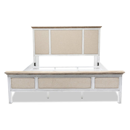 White and Beige Shiplap Texture Distressed Solid Wood And Linen King Bed Frame