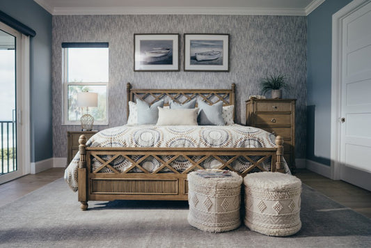 Natural Carved Geometric Solid Wood Queen Bed Frame