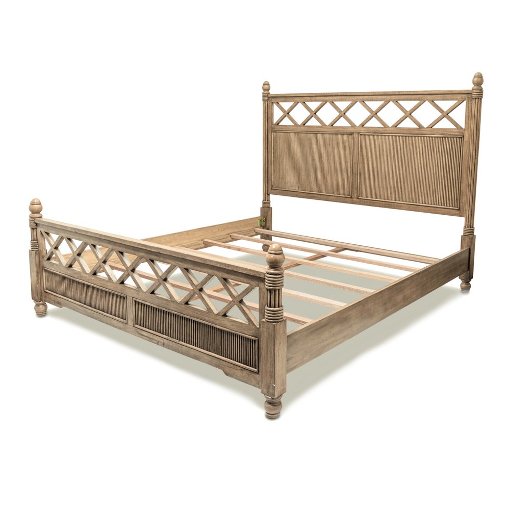 Natural Carved Geometric Solid Wood King Bed Frame