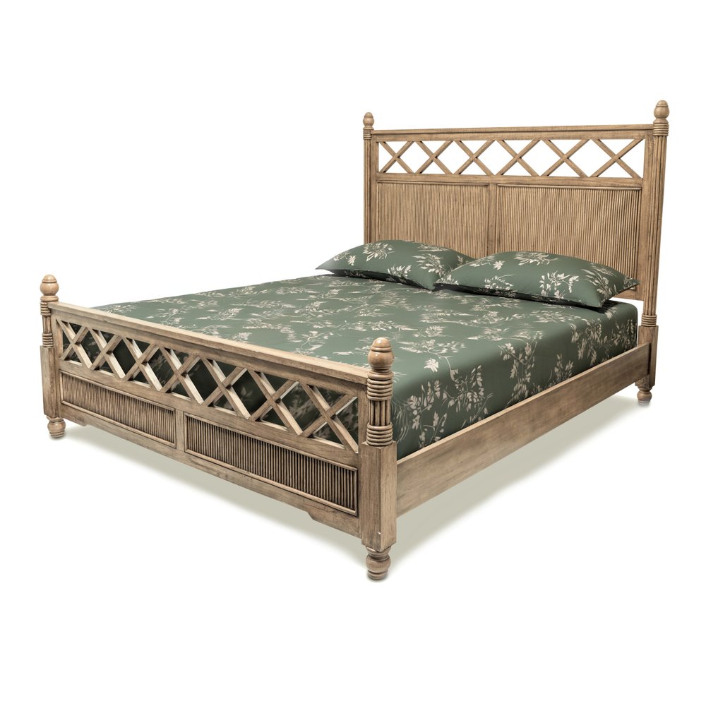 Natural Carved Geometric Solid Wood King Bed Frame