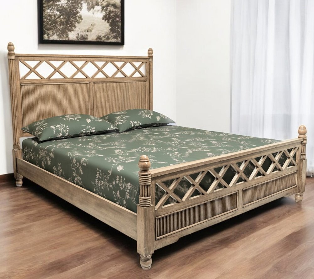 Natural Carved Geometric Solid Wood King Bed Frame