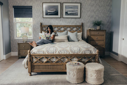 Natural Carved Geometric Solid Wood King Bed Frame