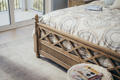 Natural Carved Geometric Solid Wood King Bed Frame
