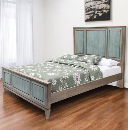 Green Shiplap Texture Distressed Solid Wood Queen Bed Frame