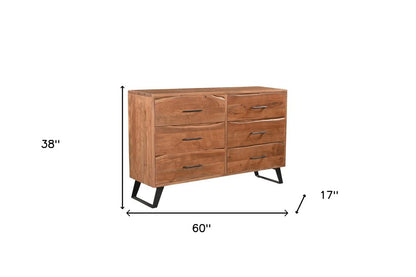 60" Natural Live Edge Solid Wood Six Drawer Double Dresser
