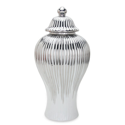 17" White and Silver Striped Urn Ceramic Ginger Jar