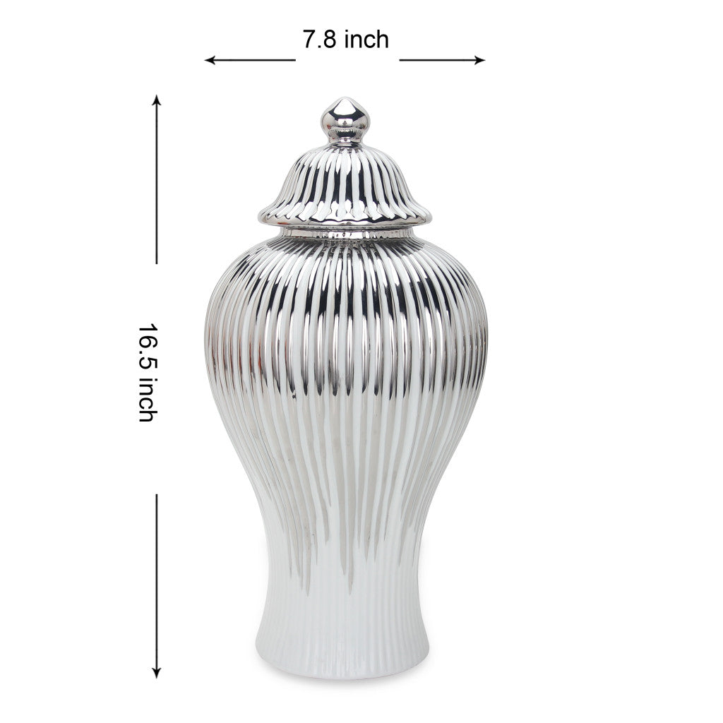17" White and Silver Striped Urn Ceramic Ginger Jar
