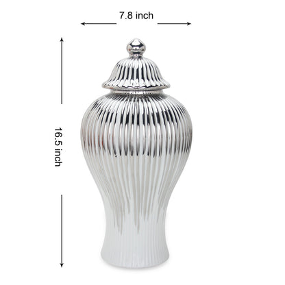 17" White and Silver Striped Urn Ceramic Ginger Jar