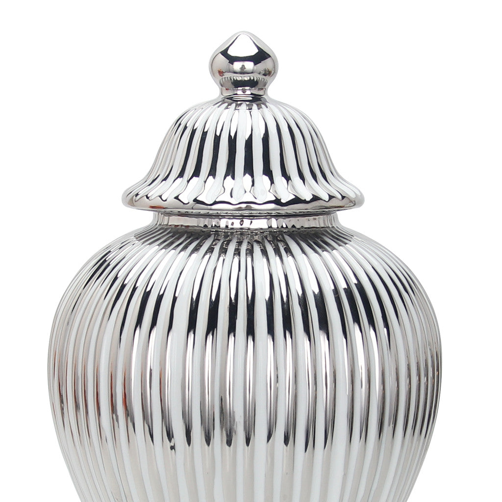 17" White and Silver Striped Urn Ceramic Ginger Jar