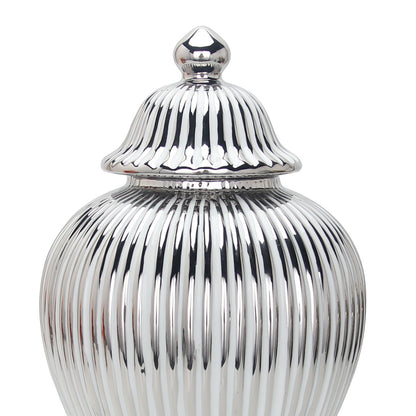 17" White and Silver Striped Urn Ceramic Ginger Jar