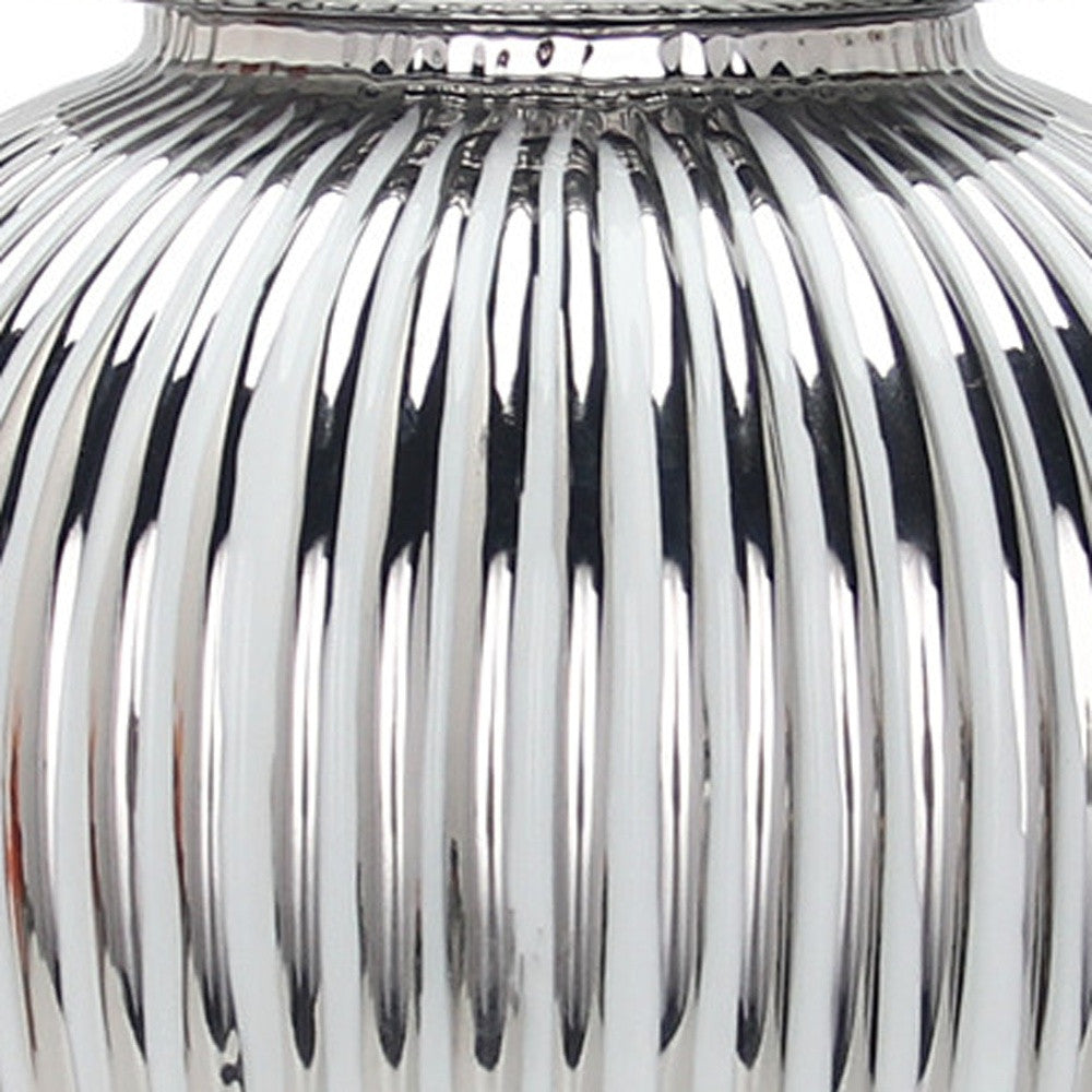 17" White and Silver Striped Urn Ceramic Ginger Jar