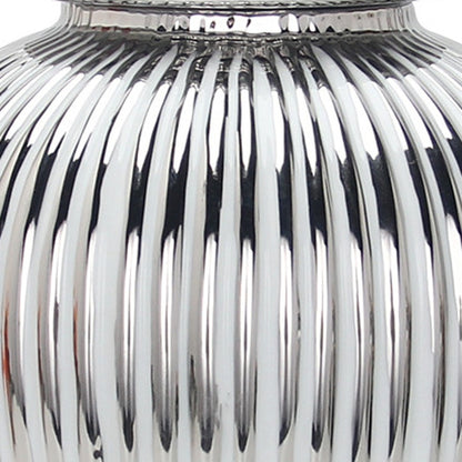 17" White and Silver Striped Urn Ceramic Ginger Jar