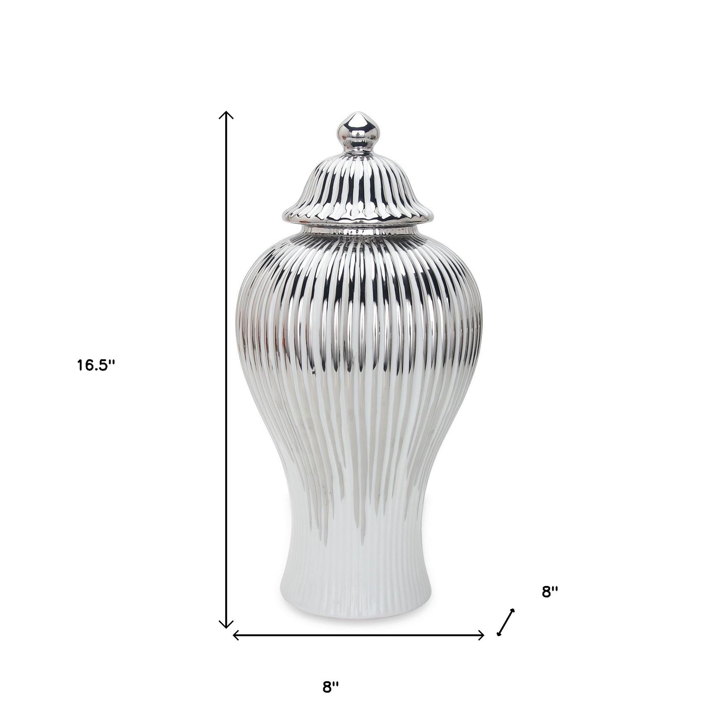 17" White and Silver Striped Urn Ceramic Ginger Jar
