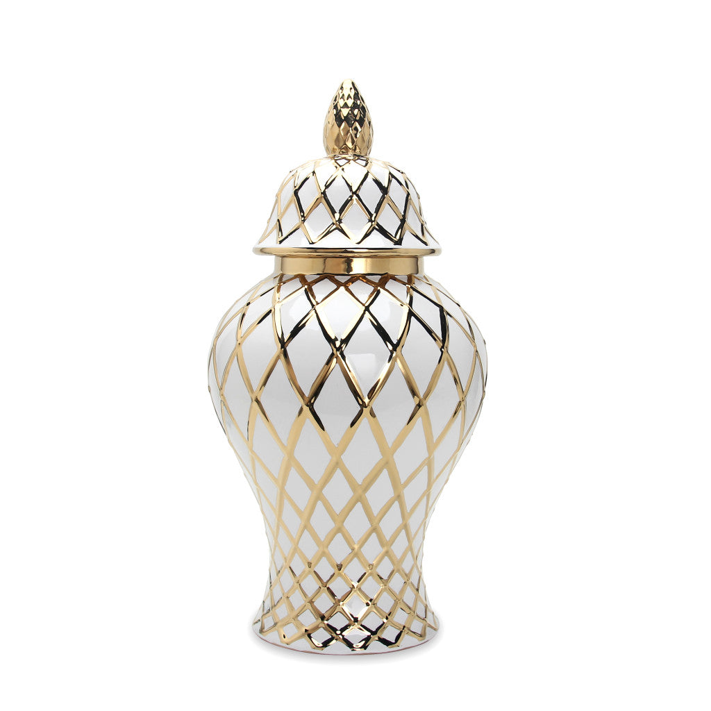 21" White and Gold Geometric Urn Ceramic Ginger Jar
