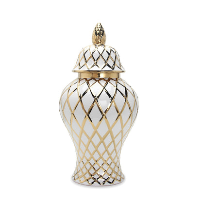 21" White and Gold Geometric Urn Ceramic Ginger Jar
