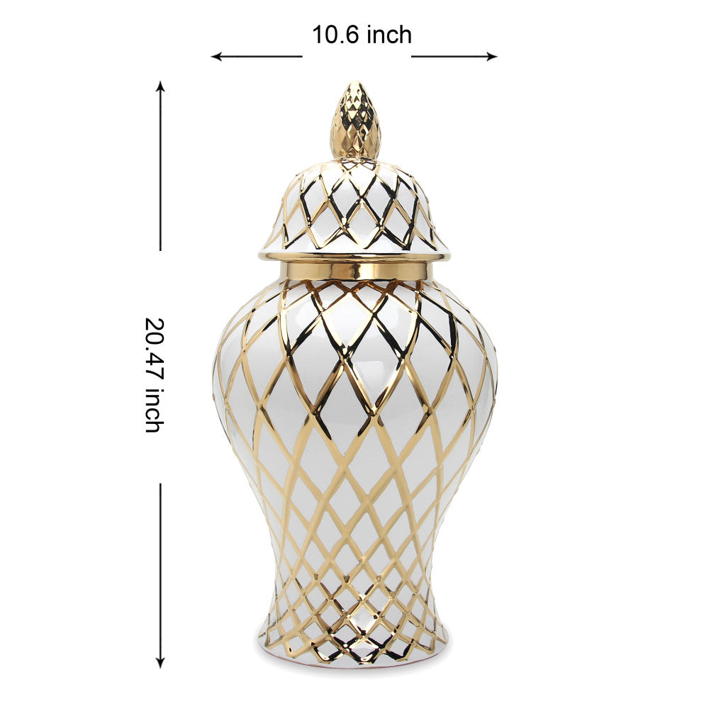 21" White and Gold Geometric Urn Ceramic Ginger Jar