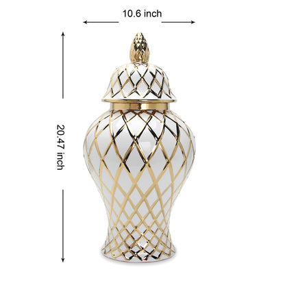 21" White and Gold Geometric Urn Ceramic Ginger Jar