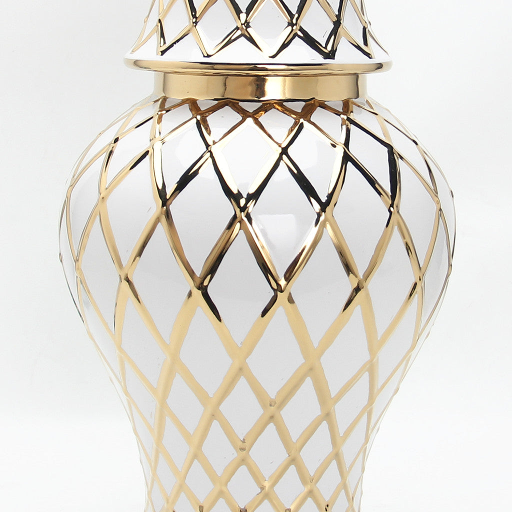 21" White and Gold Geometric Urn Ceramic Ginger Jar