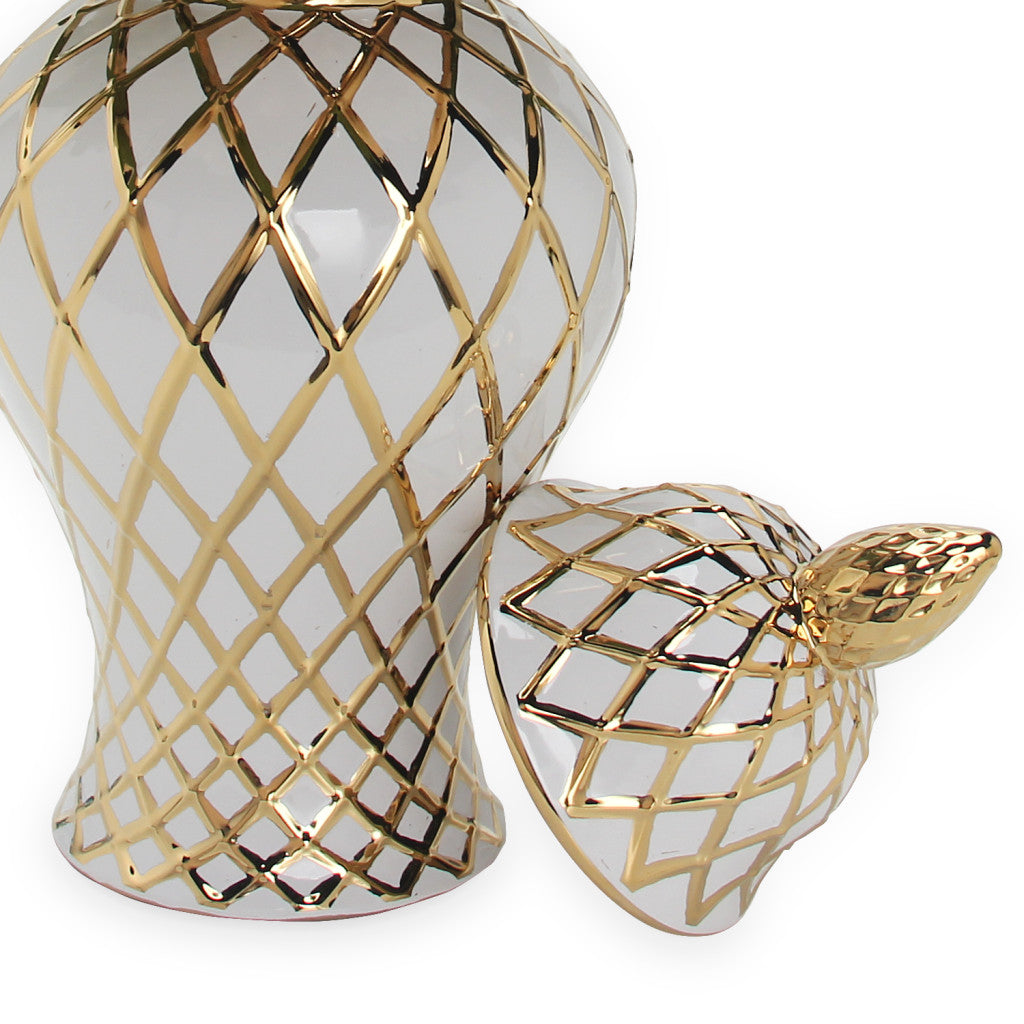21" White and Gold Geometric Urn Ceramic Ginger Jar