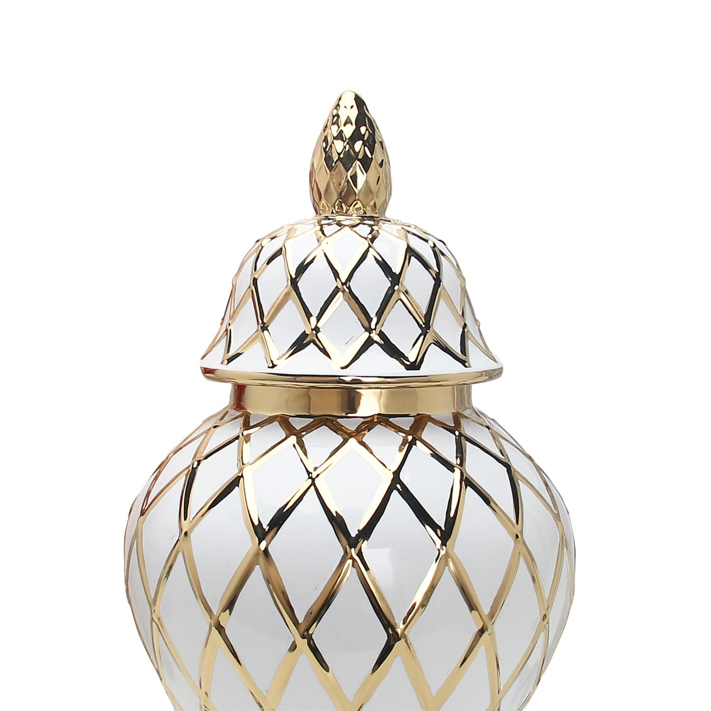 21" White and Gold Geometric Urn Ceramic Ginger Jar