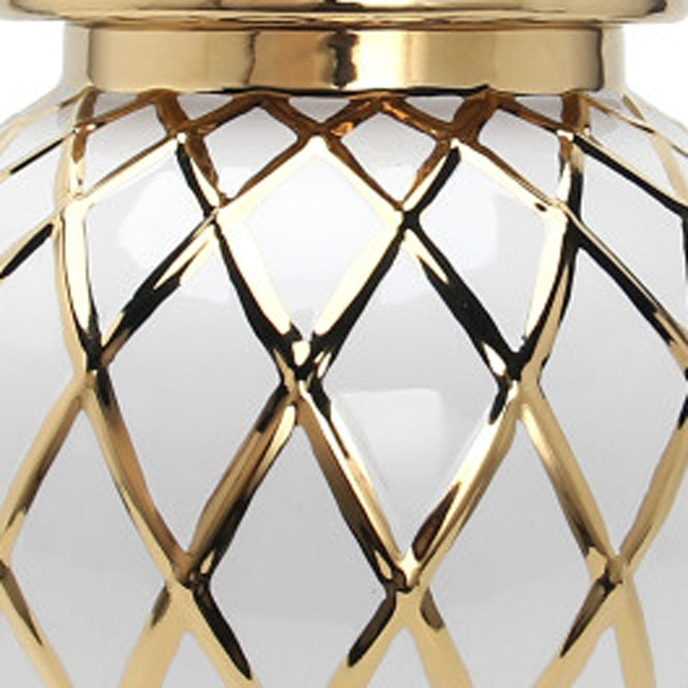 21" White and Gold Geometric Urn Ceramic Ginger Jar