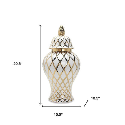 21" White and Gold Geometric Urn Ceramic Ginger Jar
