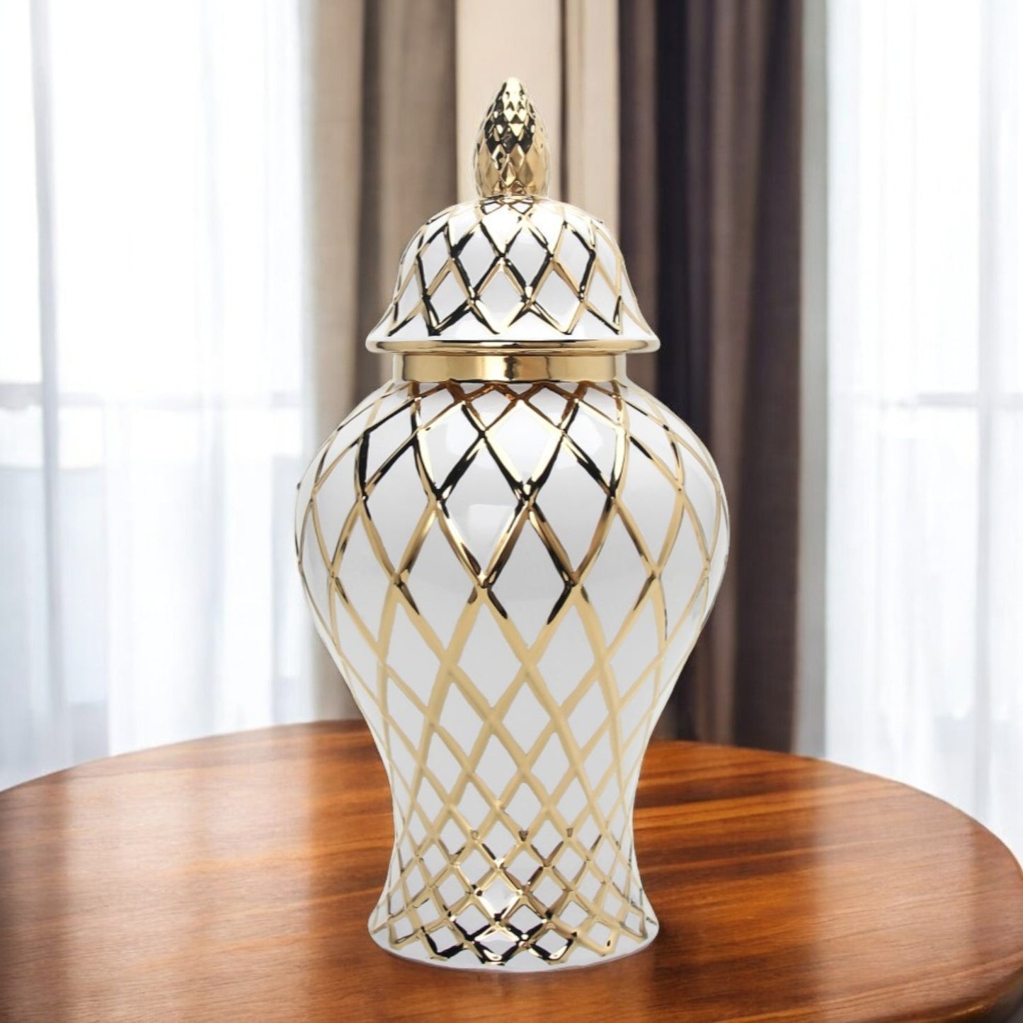 21" White and Gold Geometric Urn Ceramic Ginger Jar