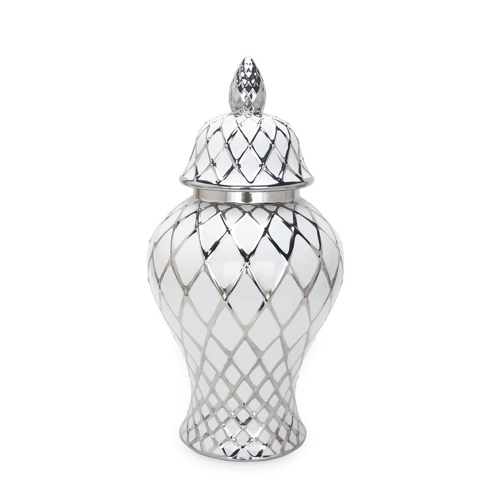 21" White and Silver Geometric Urn Ceramic Ginger Jar