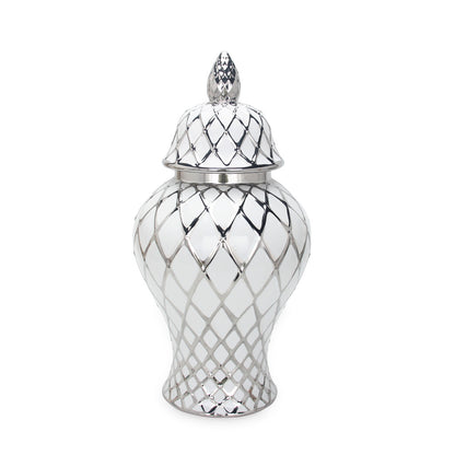 21" White and Silver Geometric Urn Ceramic Ginger Jar