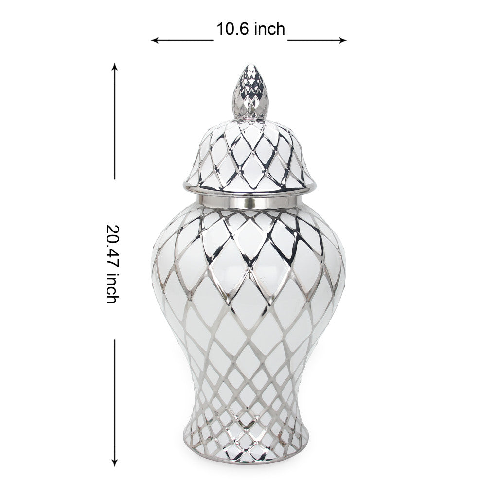 21" White and Silver Geometric Urn Ceramic Ginger Jar