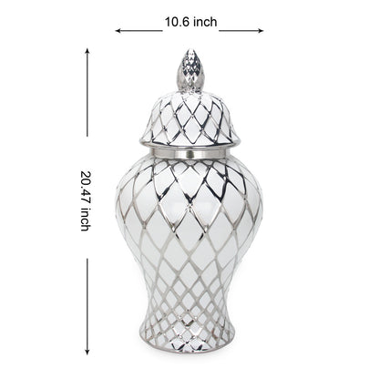 21" White and Silver Geometric Urn Ceramic Ginger Jar