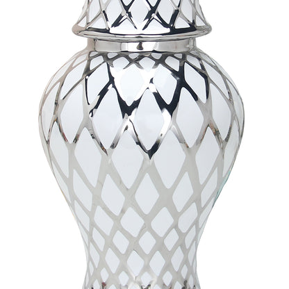 21" White and Silver Geometric Urn Ceramic Ginger Jar
