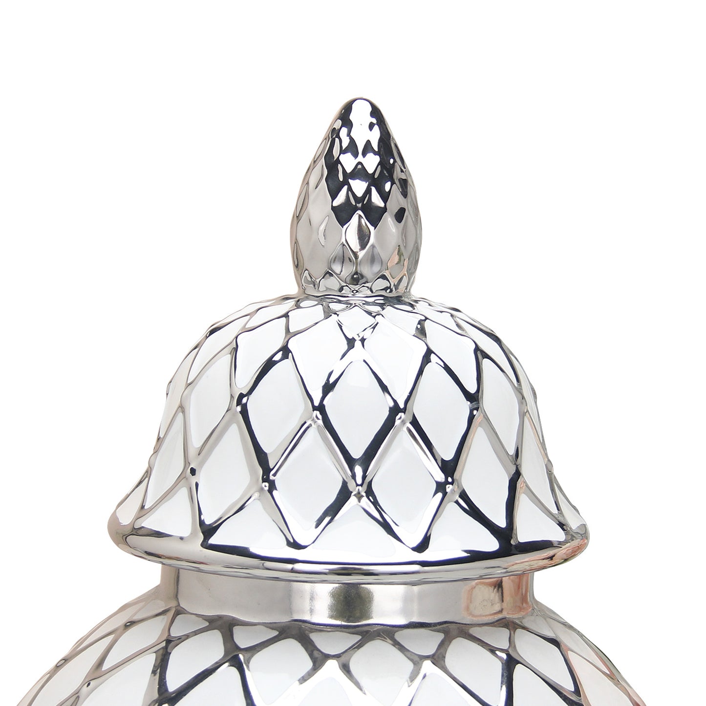 21" White and Silver Geometric Urn Ceramic Ginger Jar
