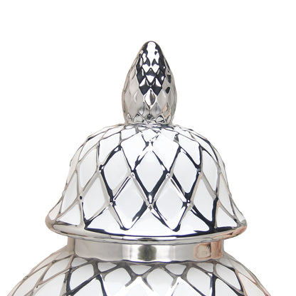 21" White and Silver Geometric Urn Ceramic Ginger Jar