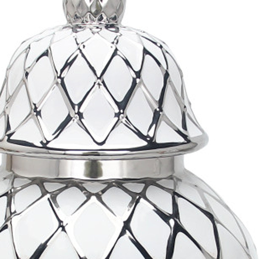 21" White and Silver Geometric Urn Ceramic Ginger Jar