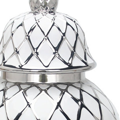 21" White and Silver Geometric Urn Ceramic Ginger Jar