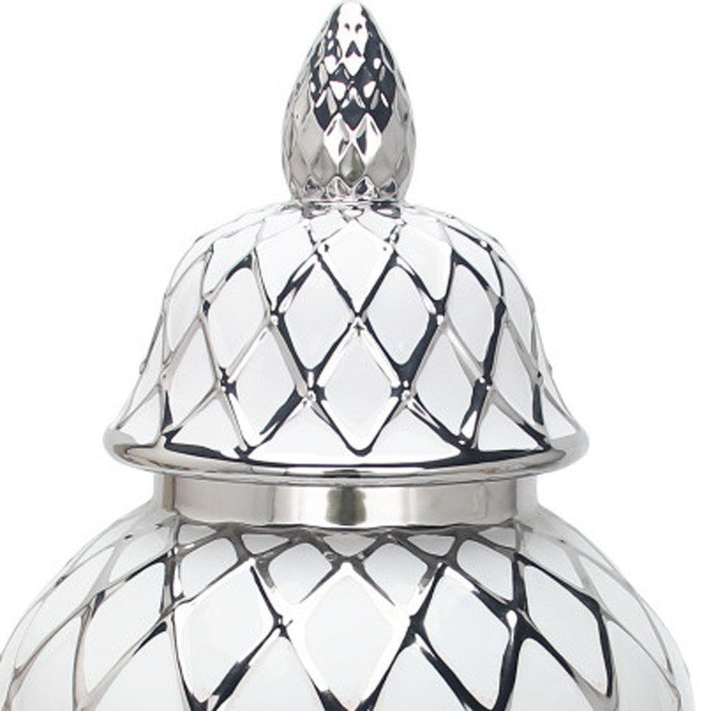 21" White and Silver Geometric Urn Ceramic Ginger Jar