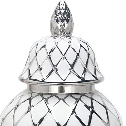 21" White and Silver Geometric Urn Ceramic Ginger Jar