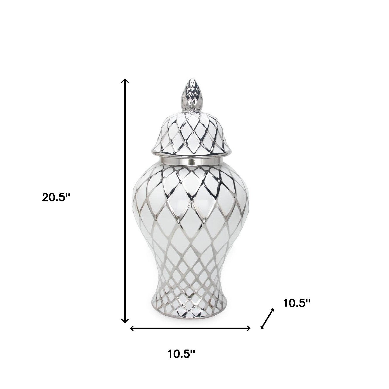 21" White and Silver Geometric Urn Ceramic Ginger Jar