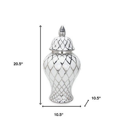 21" White and Silver Geometric Urn Ceramic Ginger Jar