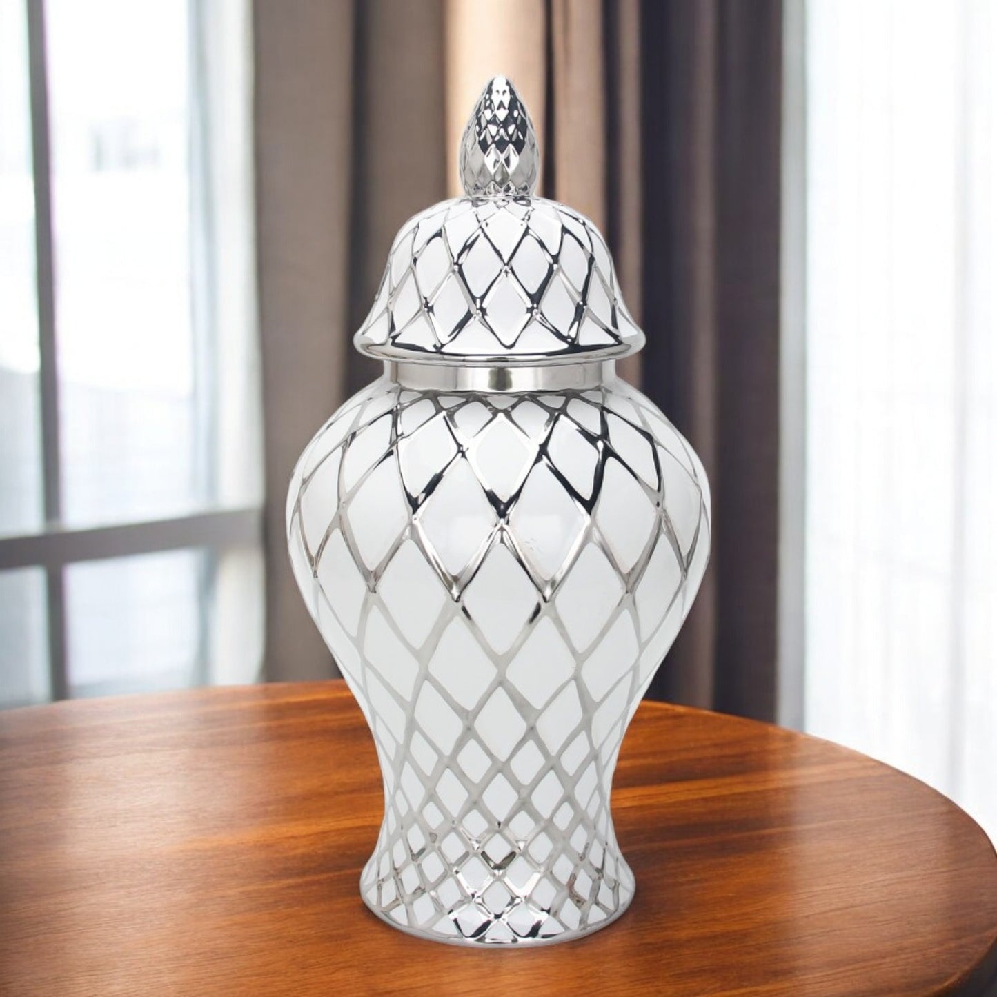 21" White and Silver Geometric Urn Ceramic Ginger Jar