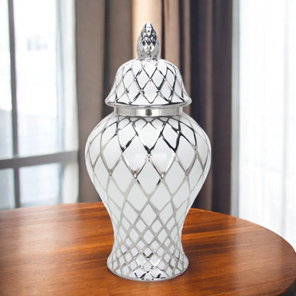 21" White and Silver Geometric Urn Ceramic Ginger Jar